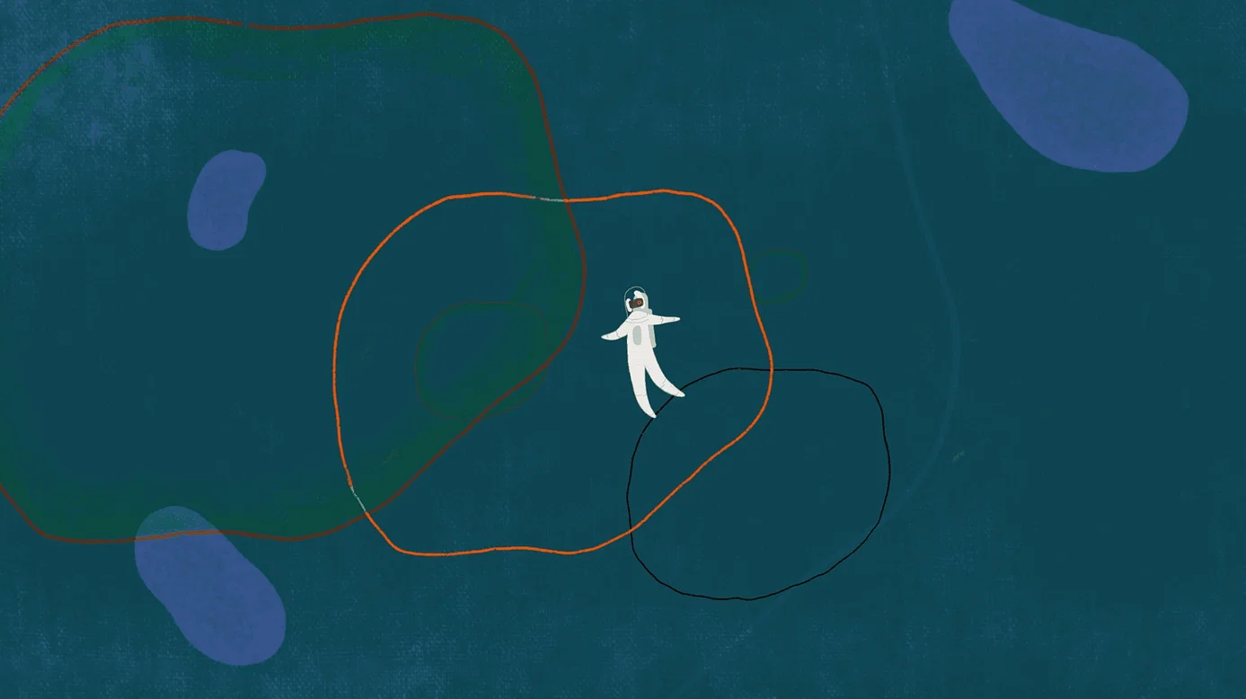 两个脚趾的抽象插图，宇航员漂浮在两个重叠的圆圈内。