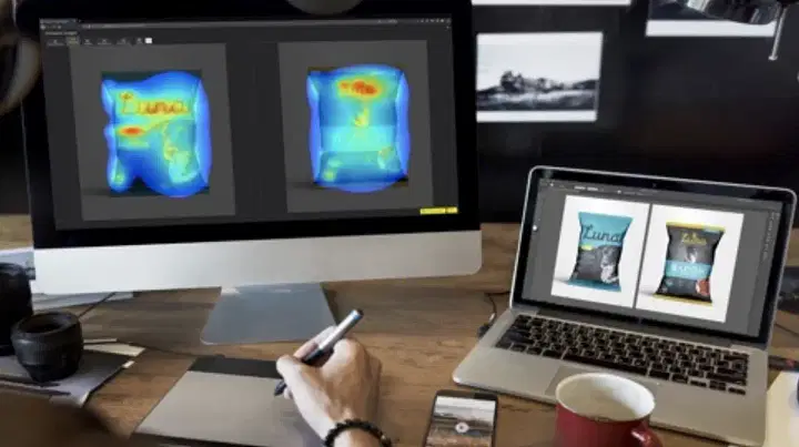 Écran de bureau affichant une carte thermique sur deux produits du site Web, mettant en évidence les zones les plus survolées ou cliquées.
