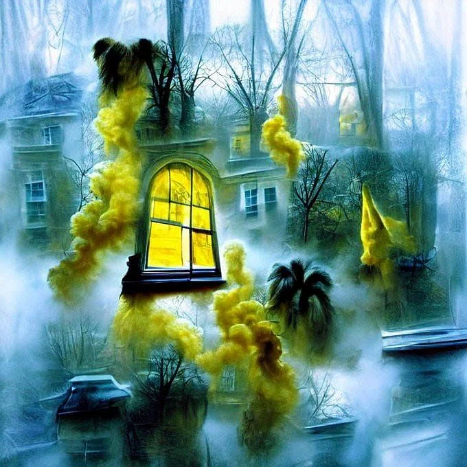 Une peinture intitulée 'La fumée jaune qui frotte son museau sur les vitres' par Katherine Crowson