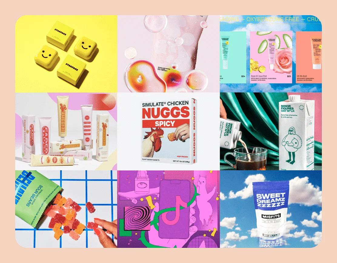 Nine images displaying different branded assets, as an example of post-millennial aesthetics.