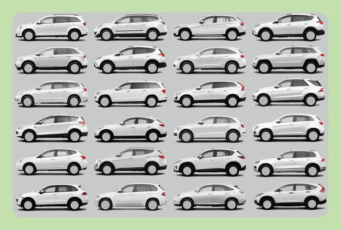 A grid of white cars that look very similar to one another.