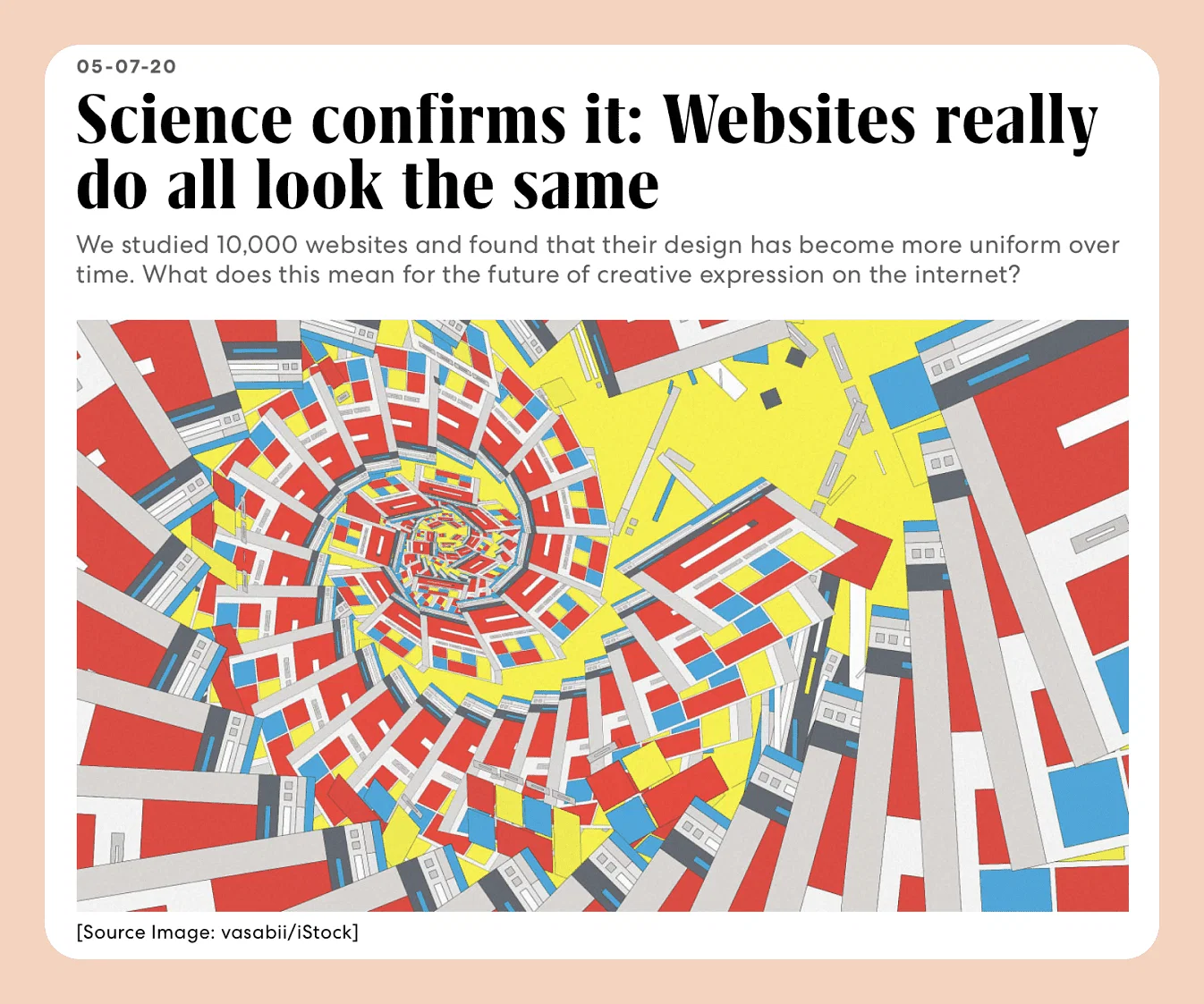 Web page of an article called 'Science confirms it: Websites really do all look the same'.