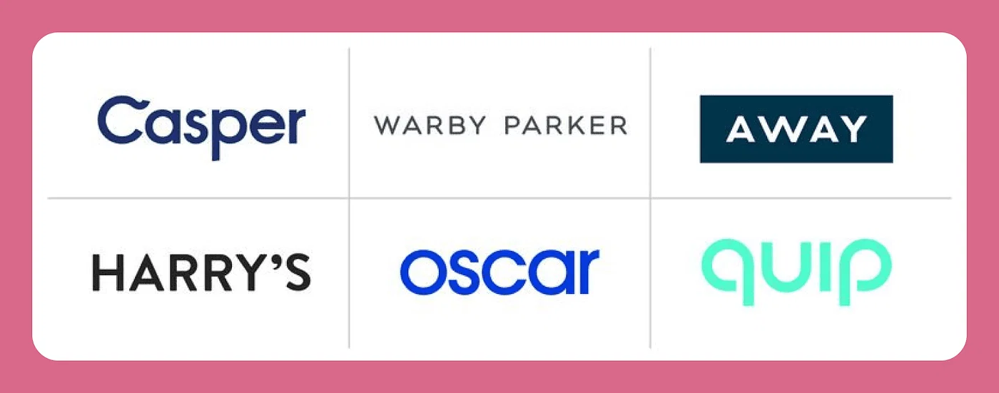 Six logos, from left to right: Casper, Warby Parker, Away, Harry's, Oscar, Quip