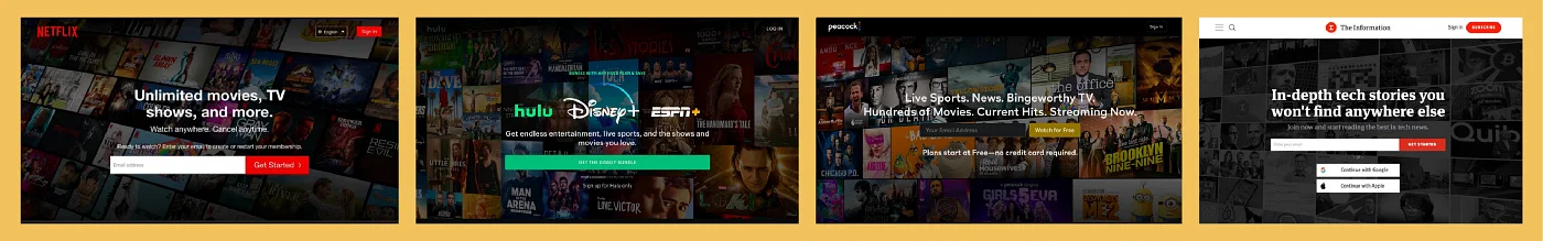 Image showing how similar subscription media landing pages look. From left to right: Netflix, Hulu, Peackock, The Information