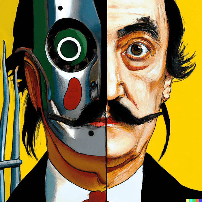 Portrait vibrant de Salvador Dalí avec un demi-visage robotique.