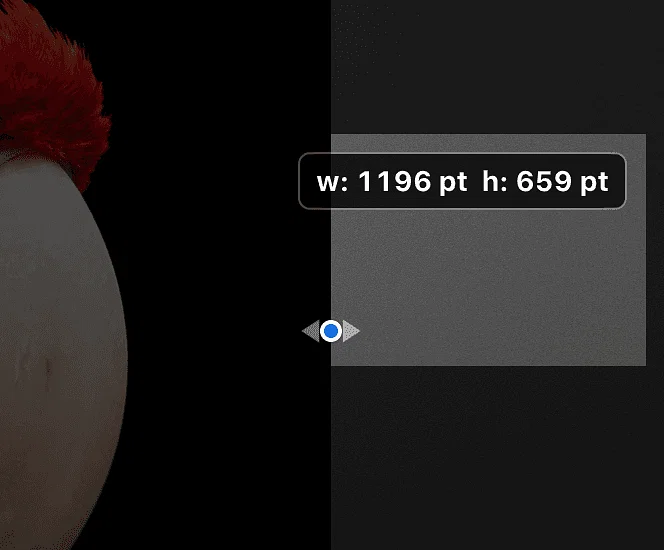 A partial screenshot of a custom pointer in Keynote as it hovers over a blue resize handle on the right edge of an image. Above the pointer is a small annotation that displays the image’s width and height values against a dark background.