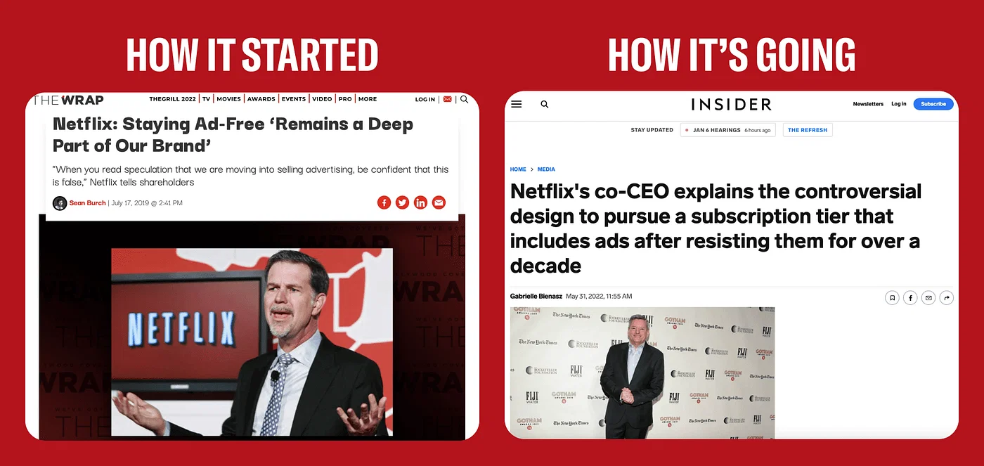 Two news articles on Netflix's business model. The first, from 2013, mentions that being ad free is part of Netflix's brand, the latter, from 2022, mentions that Netflix is pursuing a subscription tier with ads.