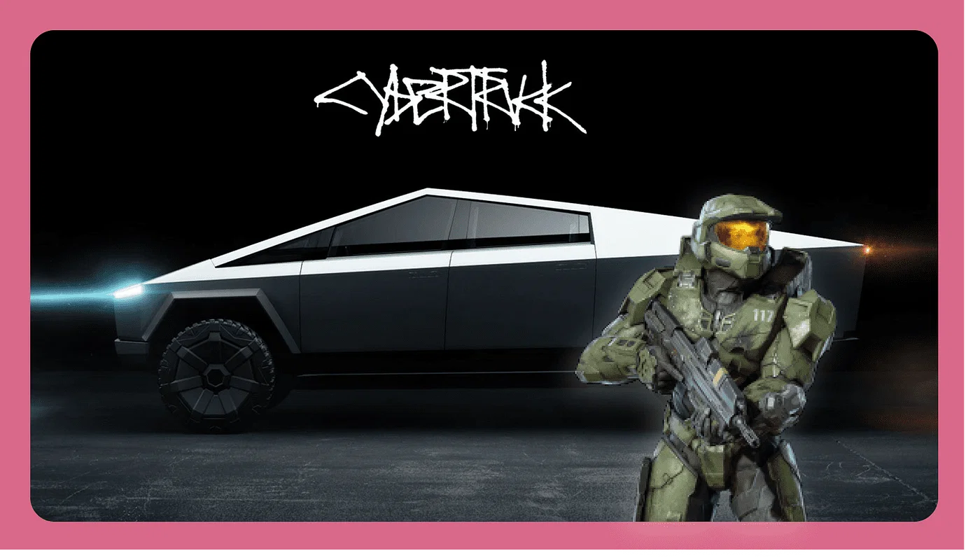 Cyberpunk styled image of a Tesla car prototype design and a heavily armed soldier in front of it.