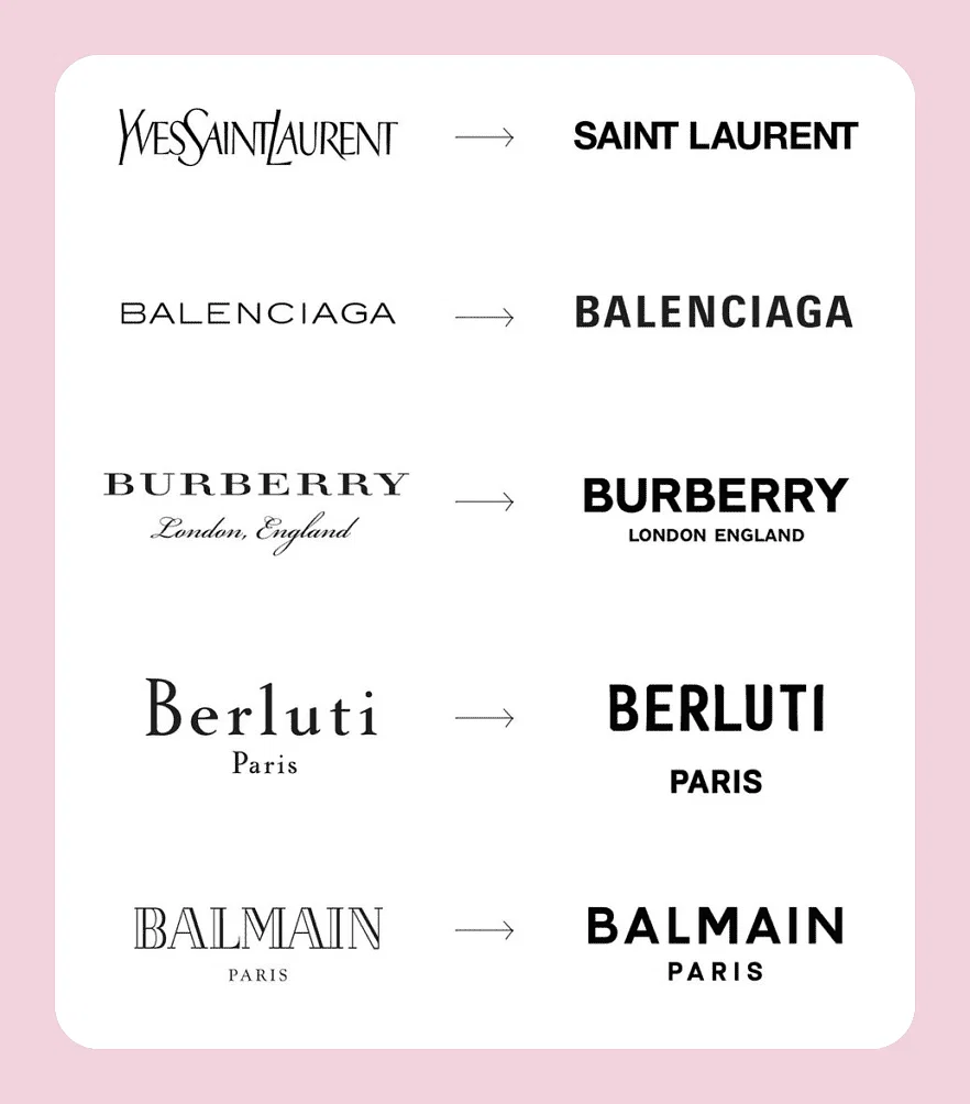 The evolution of fashion brand logos and how similar they look to one another. Examples in this picture: Yves Saint Laurent, Blenciaga, Burberry, Berluti, Balmain.