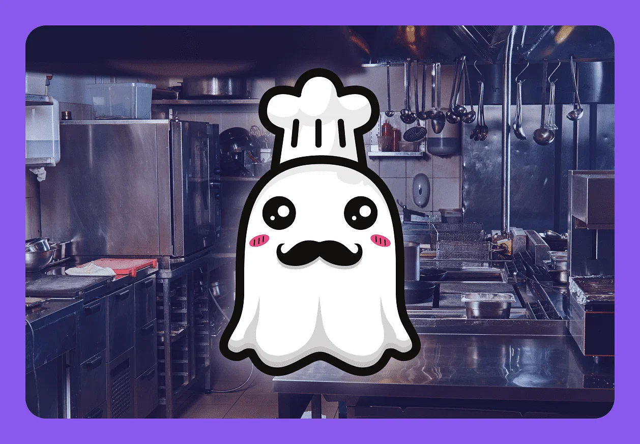 Restaurant kitchen environment with a ghost chef emoji at the center.