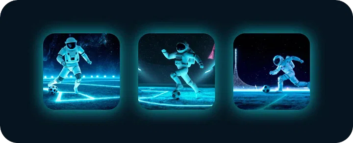 Trois illustrations bleu néon réalistes de personnes déguisées en astronautes.