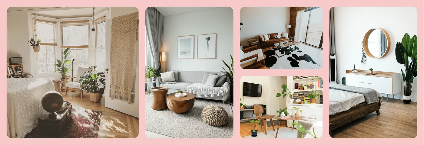5 images of different rooms displaying very similar furniture.