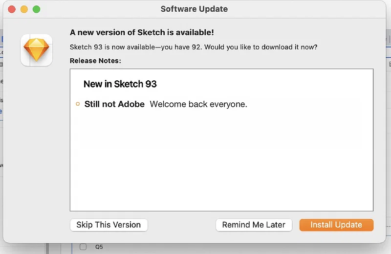 Sketch software update modal saying