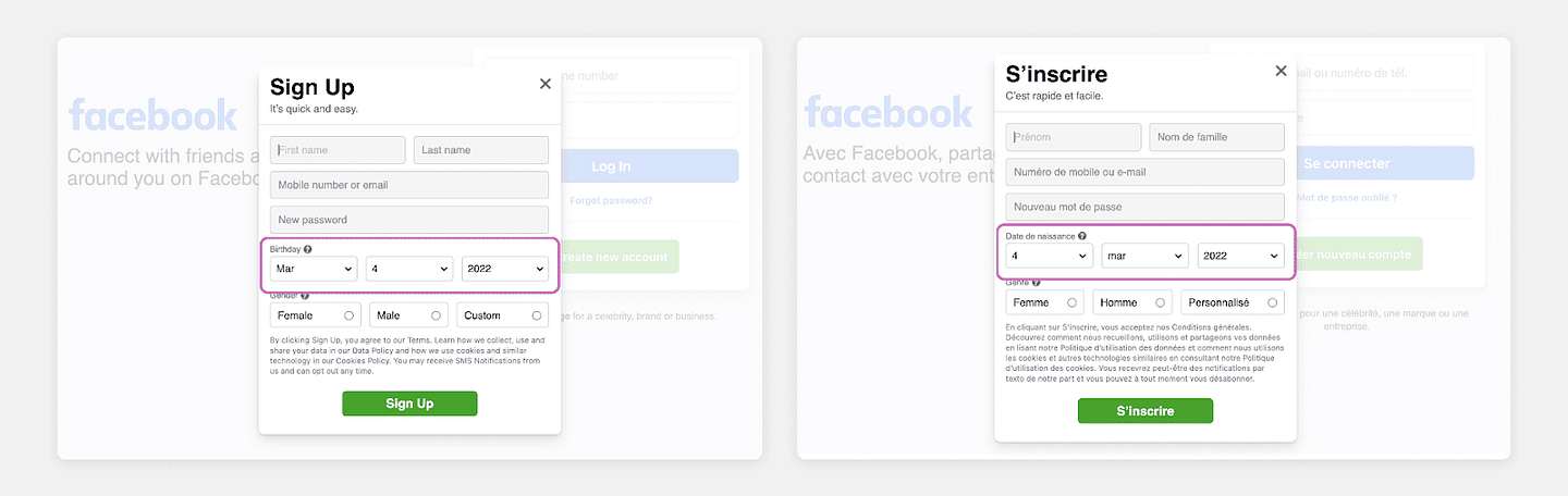 Screenshot of 2 Facebook Signup screens side by side, highlighting the change in date layout between English and French