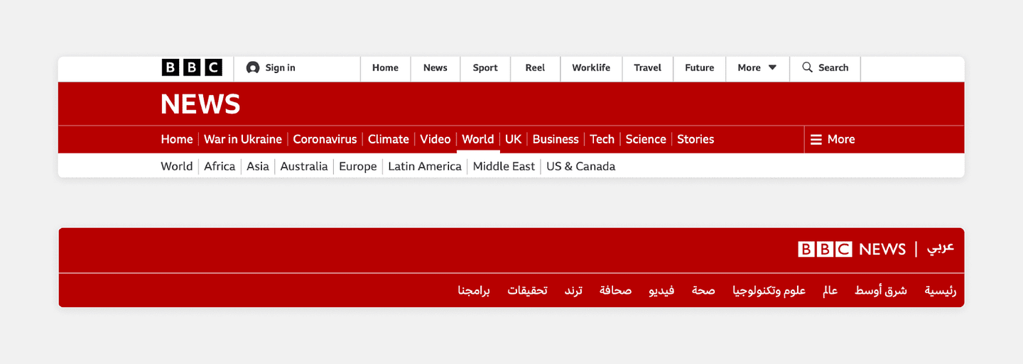 BBC's website navigation bar, shown twice - once in English (LTR text), and the same one but in Arabic (RTL text).